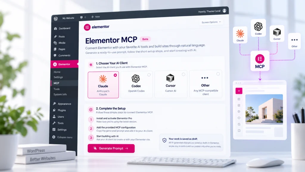 Elementor MCP connection workflow for Claude, Codex and Cursor illustration