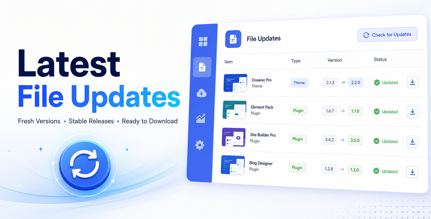 Theme Canal latest file updates dashboard showing refreshed plugin and theme versions