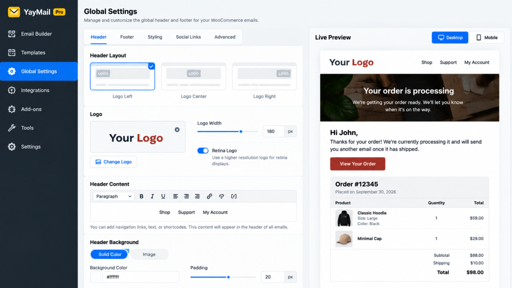 YayMail Global Header Settings Preview