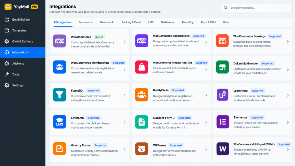 YayMail Pro Integrations Dashboard