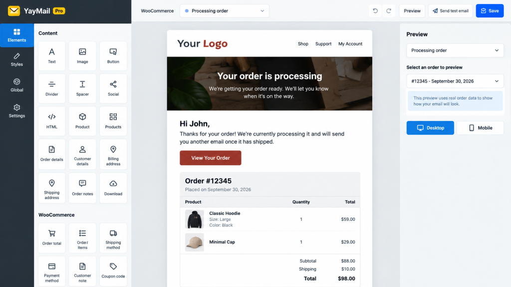 YayMail Pro Order Email Builder Preview