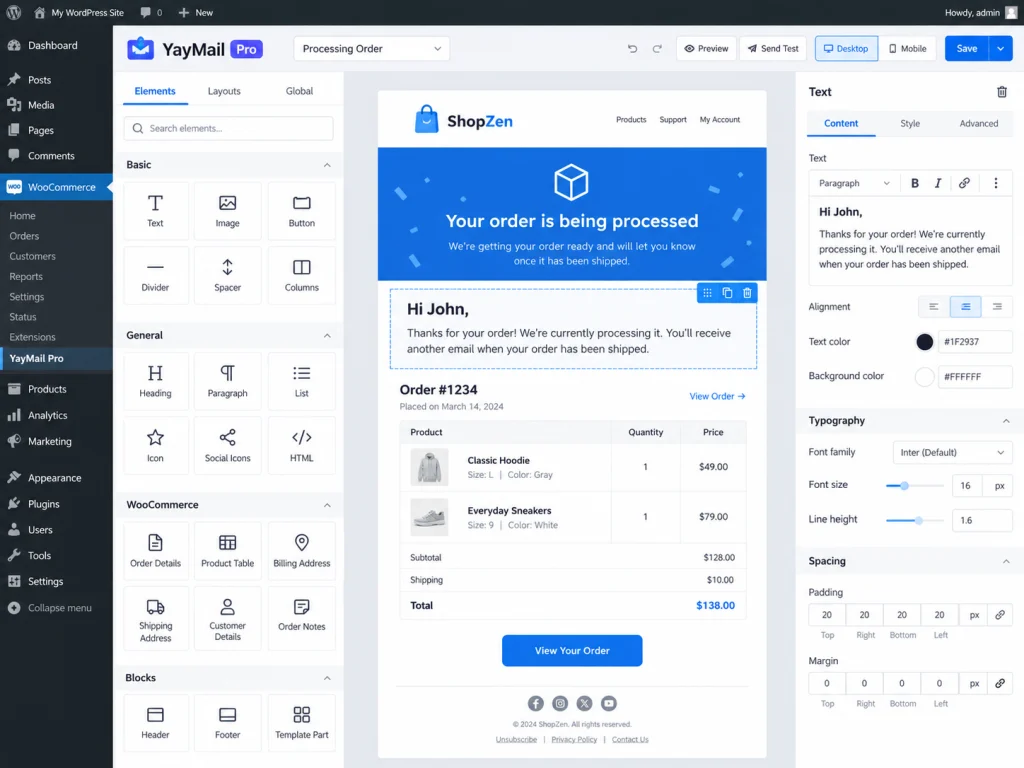 YayMail Pro visual editor